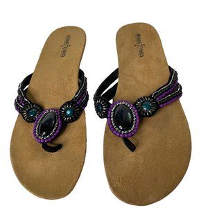 Minnetonka women’s size 10 black leather upper beaded flip flop sandals